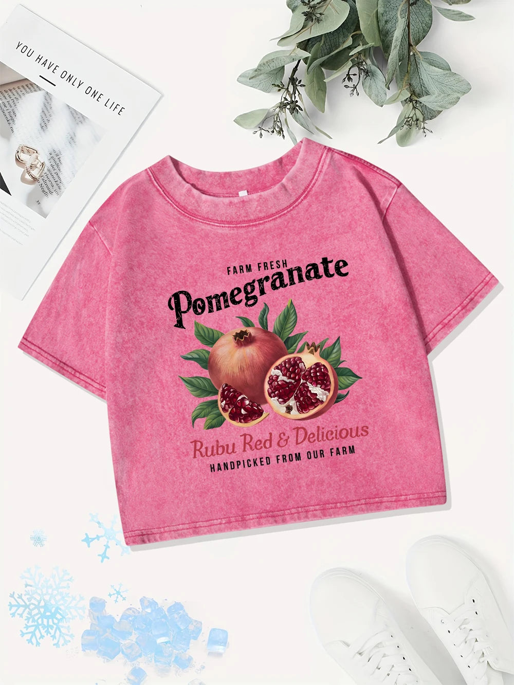 Casual Cotton Crop Tops Women Bright Pomegranate Printing Washed T-Shirts Summer Regular Fit O-Neck Tees Street Womans Clothes