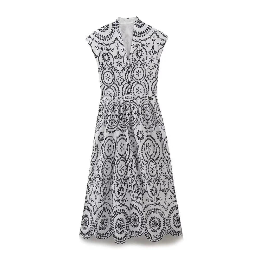 2025 new women's casual and elegant design with European and American style slim fit embroidered sleeveless dress