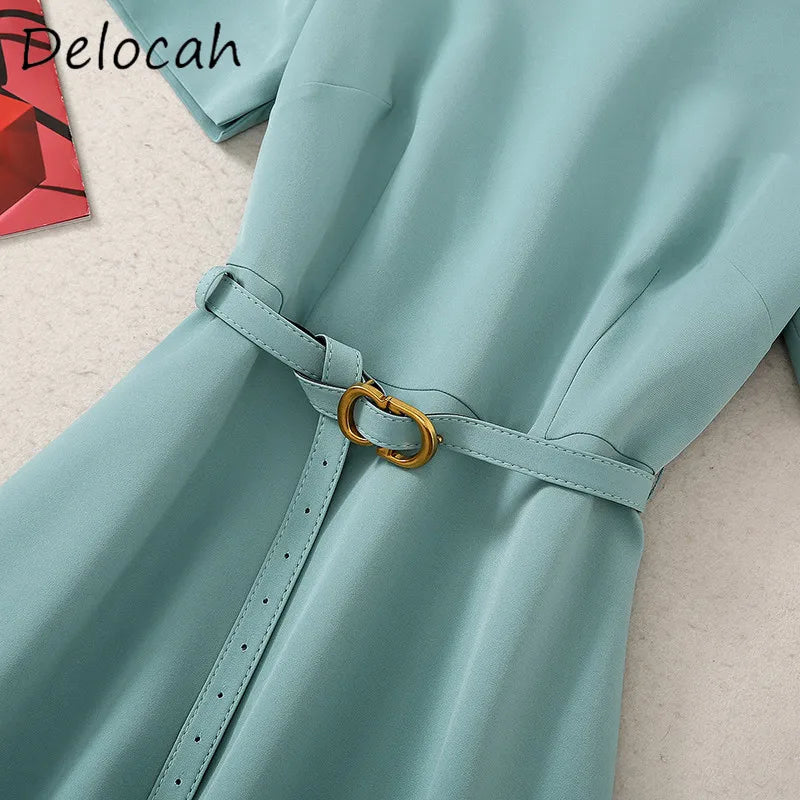 Delocah High-Quality Fashion Women's Gentle Style Round Neck Waist Belt Slim Fit Double Diagonal Bag Short Sleeve A-line Dress