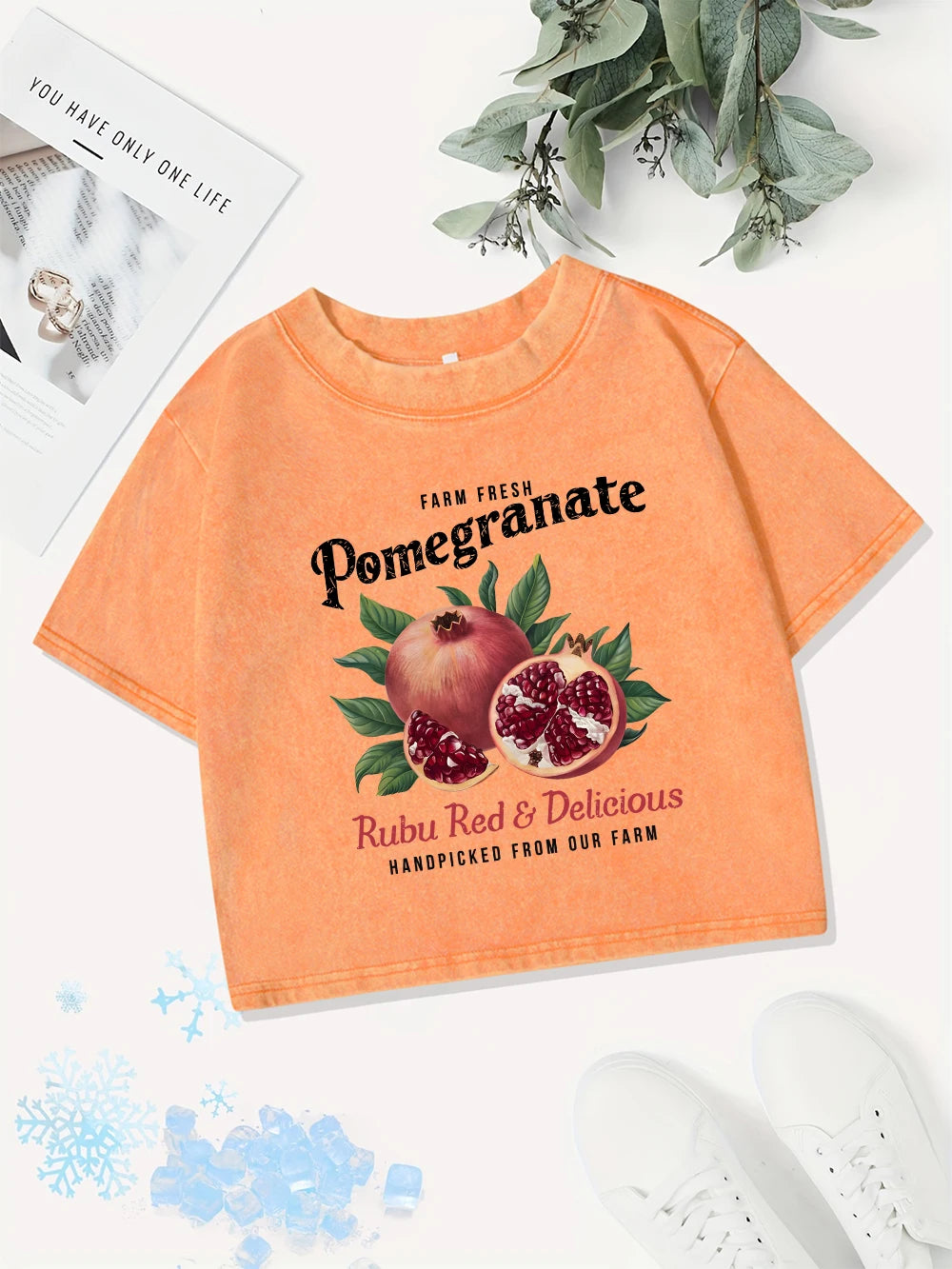 Casual Cotton Crop Tops Women Bright Pomegranate Printing Washed T-Shirts Summer Regular Fit O-Neck Tees Street Womans Clothes