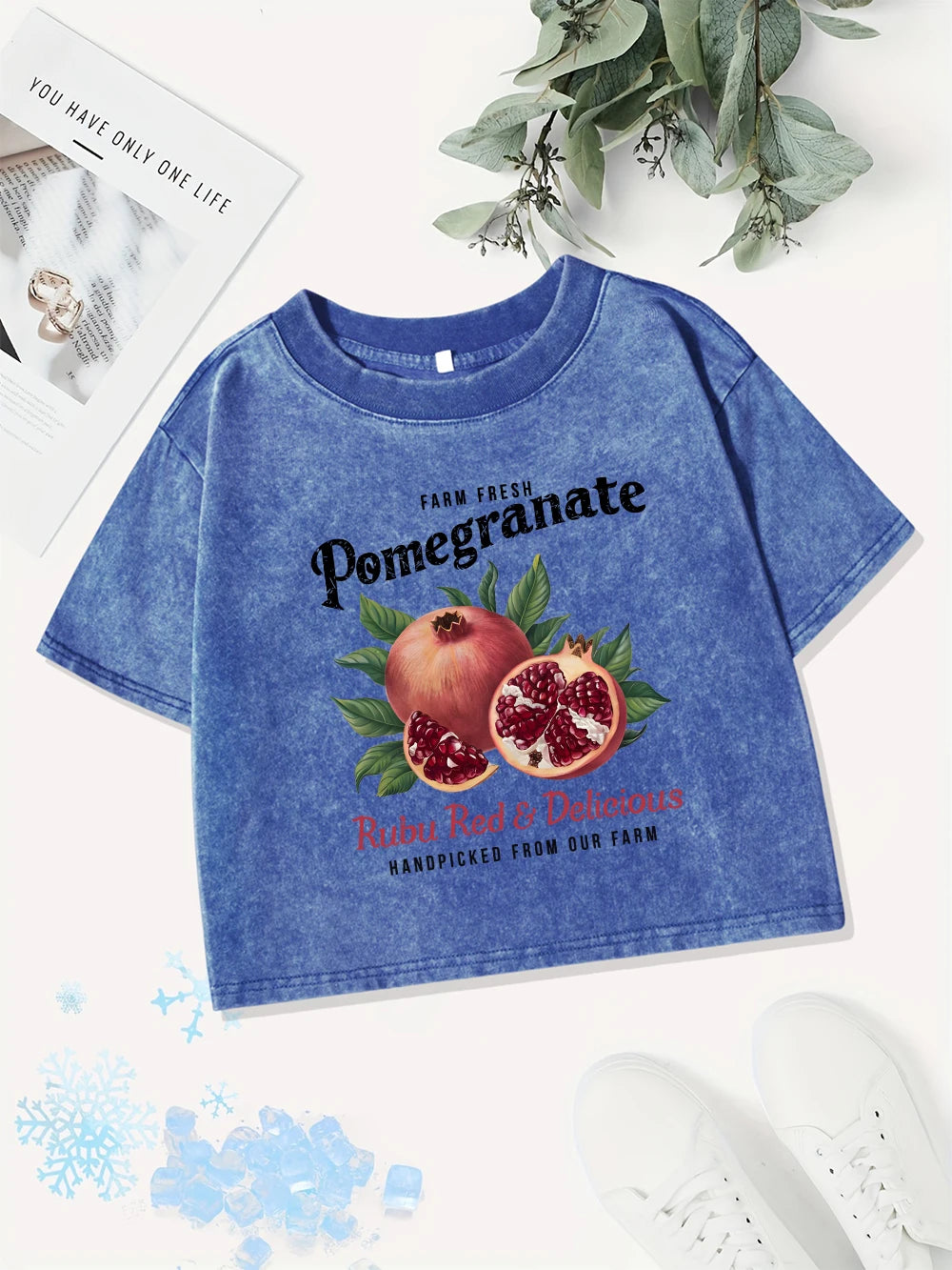 Casual Cotton Crop Tops Women Bright Pomegranate Printing Washed T-Shirts Summer Regular Fit O-Neck Tees Street Womans Clothes