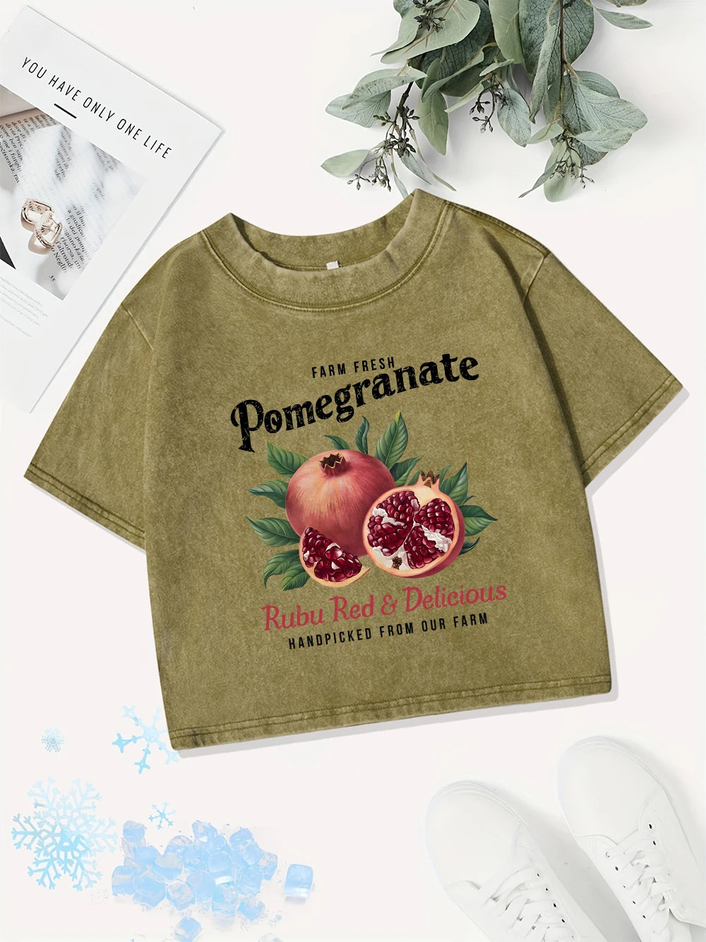 Casual Cotton Crop Tops Women Bright Pomegranate Printing Washed T-Shirts Summer Regular Fit O-Neck Tees Street Womans Clothes