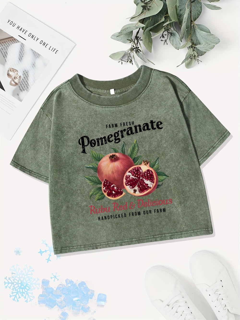 Casual Cotton Crop Tops Women Bright Pomegranate Printing Washed T-Shirts Summer Regular Fit O-Neck Tees Street Womans Clothes
