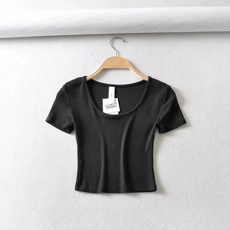 Women's Scoop Neck Slim Fit Ribbed T-Shirt, Short Sleeves Crop Top