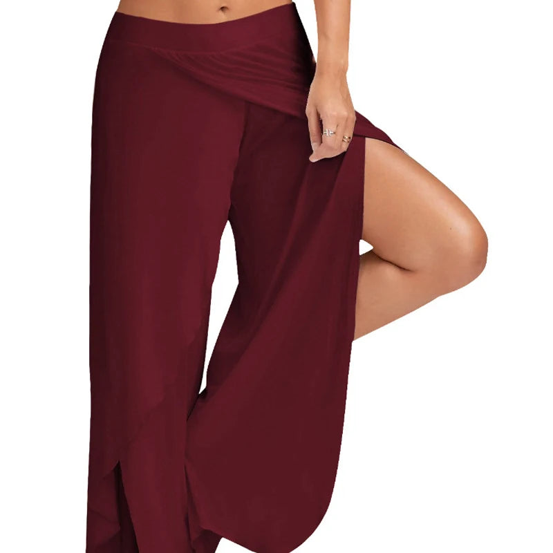Women Plus Size Wide Leg Pants Loose Fitness Dance Yoga Split Trousers Female Elastic Wasit Casual Workout Solid Summer Clothing