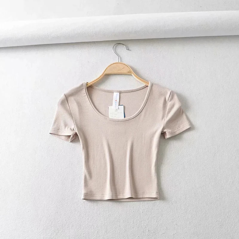 Women's Scoop Neck Slim Fit Ribbed T-Shirt, Short Sleeves Crop Top
