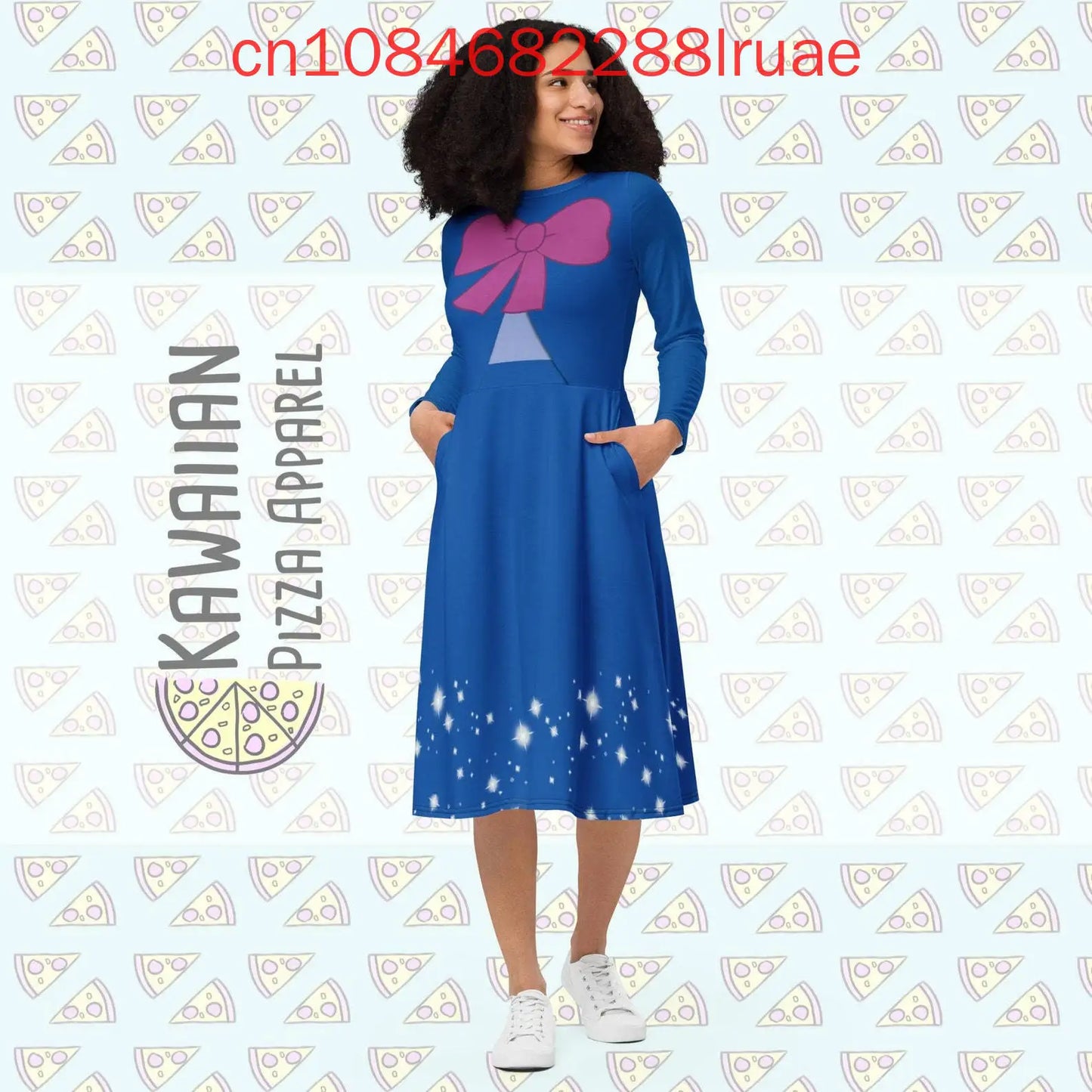 Disney Princess Costume Cinderella Long Sleeve Pocket Skater Dress 3D Print Women Fashion Street Long length dress