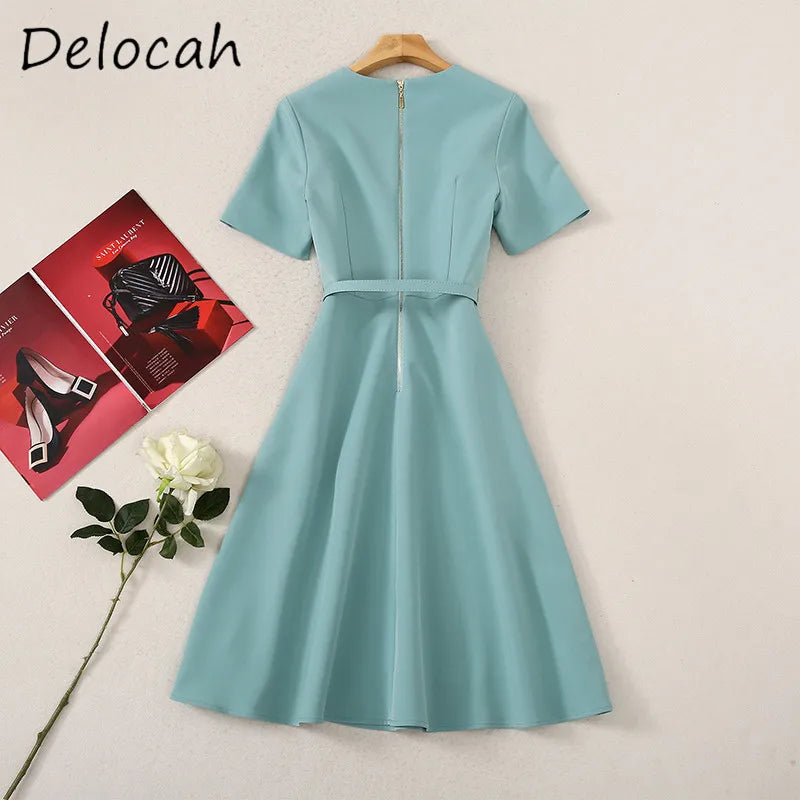 Delocah High-Quality Fashion Women's Gentle Style Round Neck Waist Belt Slim Fit Double Diagonal Bag Short Sleeve A-line Dress