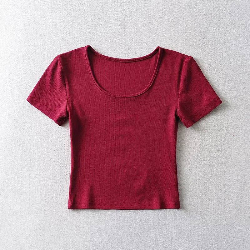 Women's Scoop Neck Slim Fit Ribbed T-Shirt, Short Sleeves Crop Top