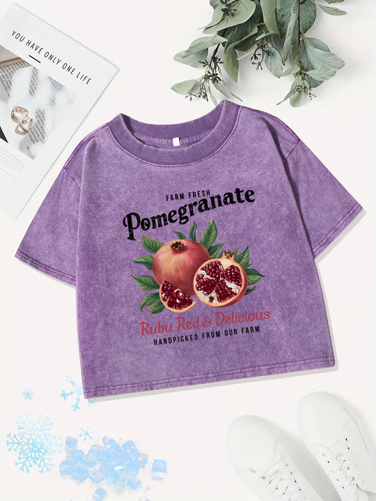 Casual Cotton Crop Tops Women Bright Pomegranate Printing Washed T-Shirts Summer Regular Fit O-Neck Tees Street Womans Clothes