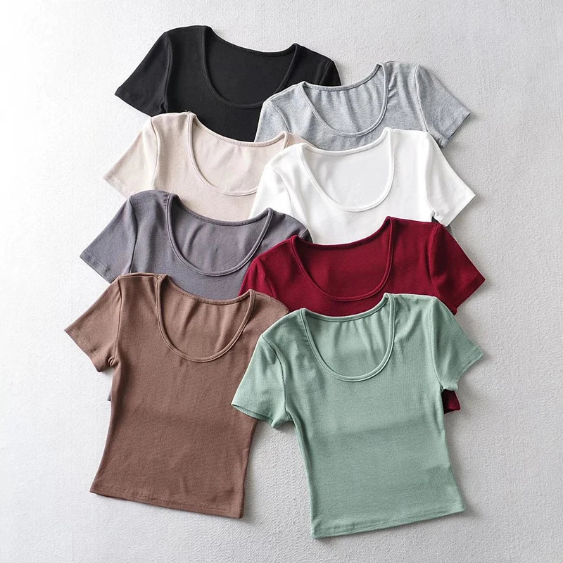 Women's Scoop Neck Slim Fit Ribbed T-Shirt, Short Sleeves Crop Top