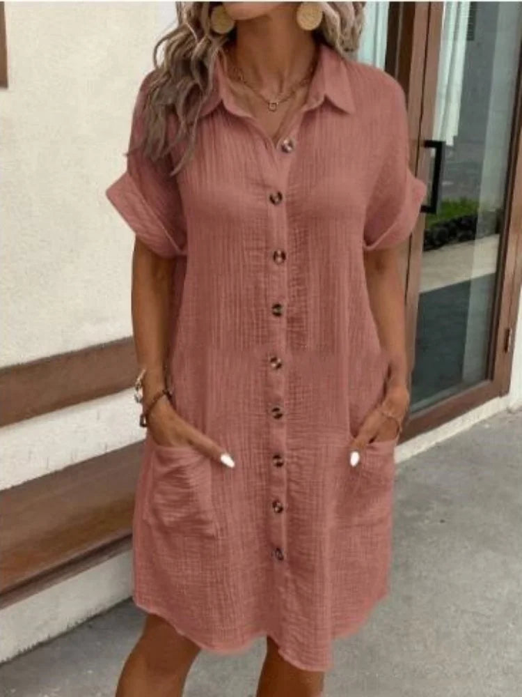 Summer Fashion Turn-down Collar Women Dress Short Sleeve Line Cotton Solid Color Casuall Loose Shirt Dresses