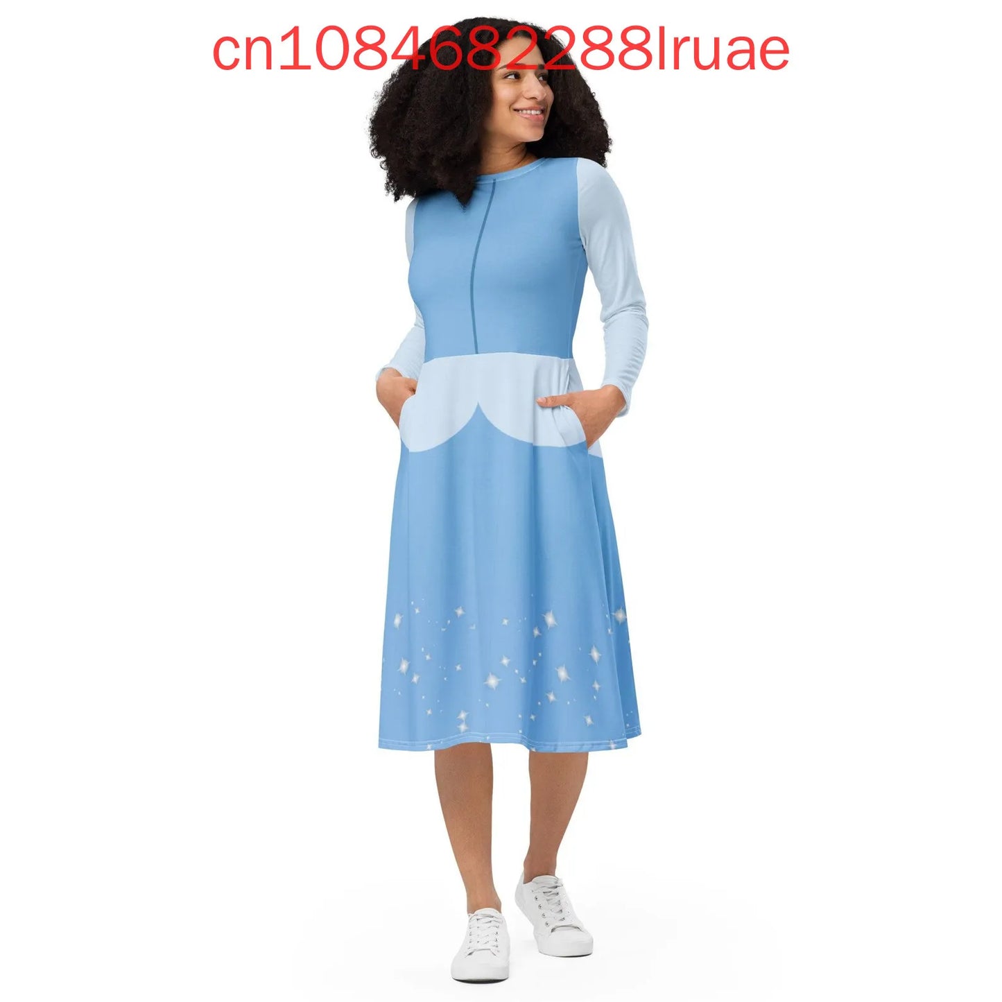 Disney Princess Costume Cinderella Long Sleeve Pocket Skater Dress 3D Print Women Fashion Street Long length dress