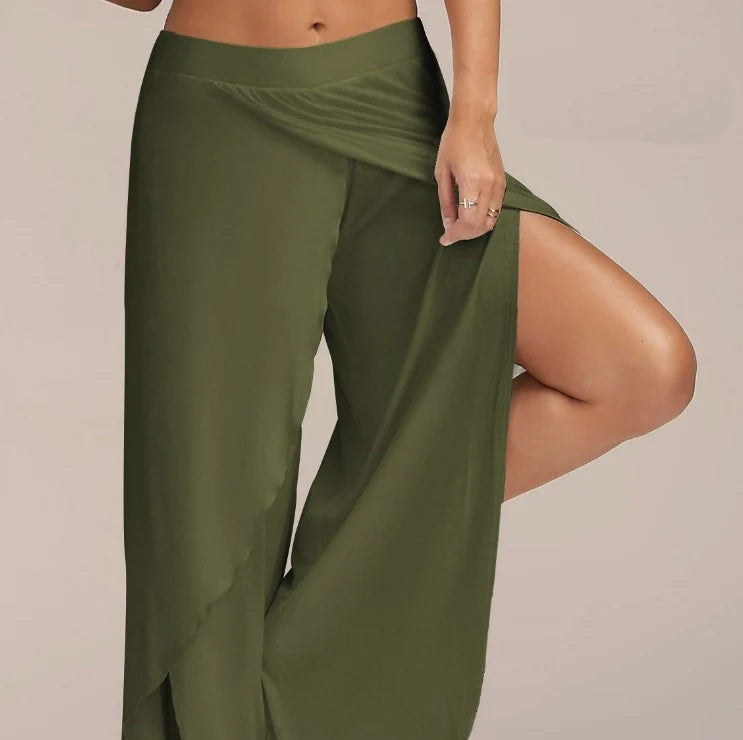 Women Plus Size Wide Leg Pants Loose Fitness Dance Yoga Split Trousers Female Elastic Wasit Casual Workout Solid Summer Clothing