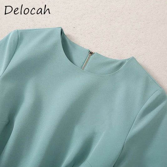Delocah High-Quality Fashion Women's Gentle Style Round Neck Waist Belt Slim Fit Double Diagonal Bag Short Sleeve A-line Dress