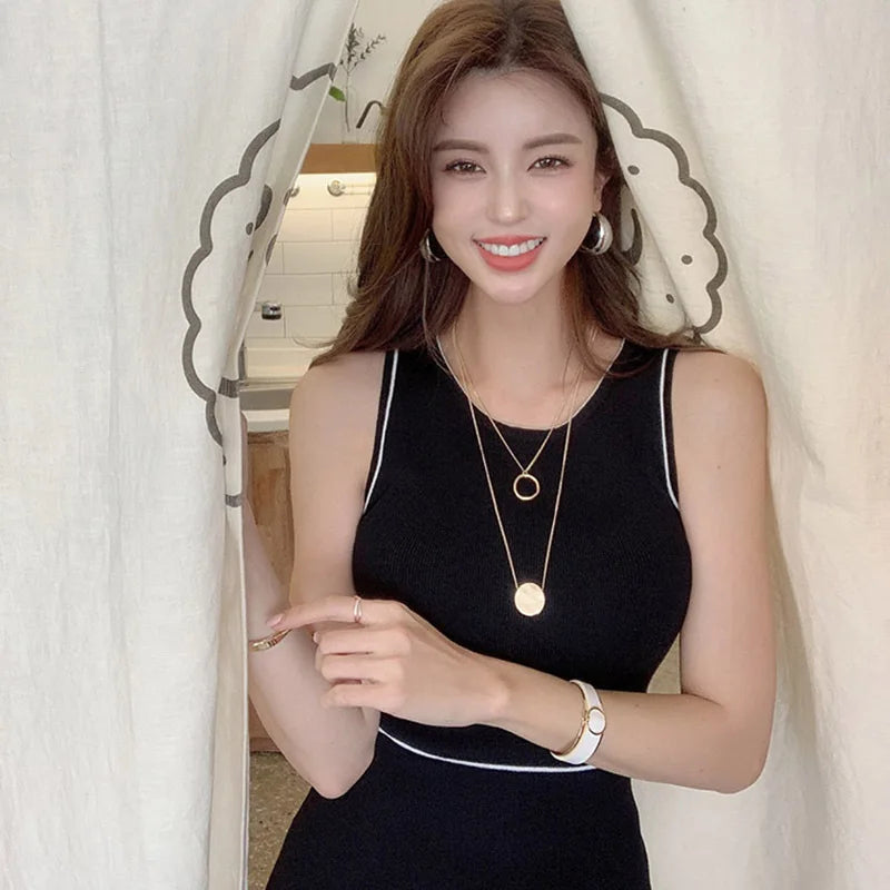 LDYRWQY Korean women's knitted dress, temperament, women's irregular split hip bag Office Lady  Sleeveless  Knee-Length