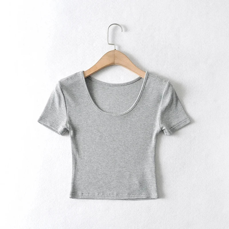 Women's Scoop Neck Slim Fit Ribbed T-Shirt, Short Sleeves Crop Top