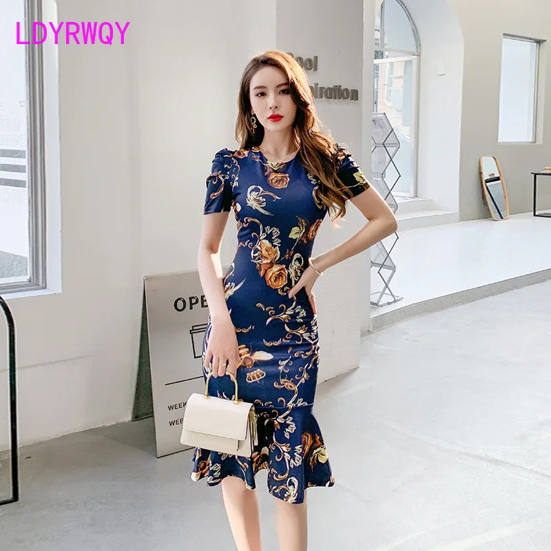 LDYRWQY 2021 new temperament slim short-sleeved round neck bag hip fishtail print dress women Office Lady  Zippers