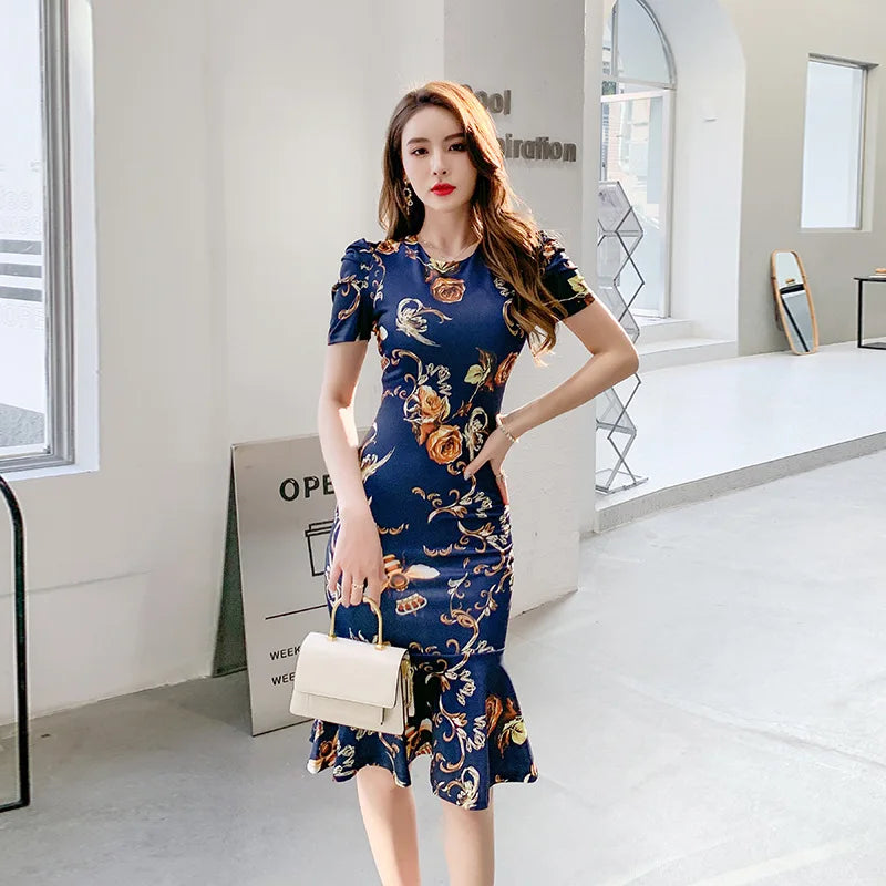 LDYRWQY 2021 new temperament slim short-sleeved round neck bag hip fishtail print dress women Office Lady  Zippers