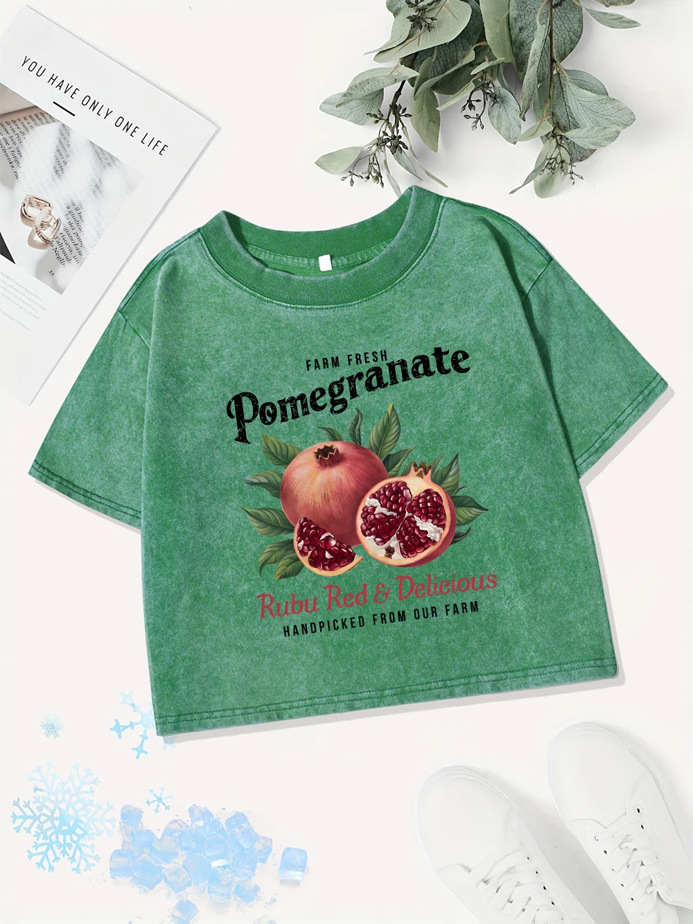 Casual Cotton Crop Tops Women Bright Pomegranate Printing Washed T-Shirts Summer Regular Fit O-Neck Tees Street Womans Clothes