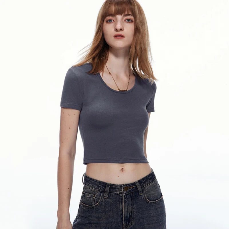 Women's Scoop Neck Slim Fit Ribbed T-Shirt, Short Sleeves Crop Top