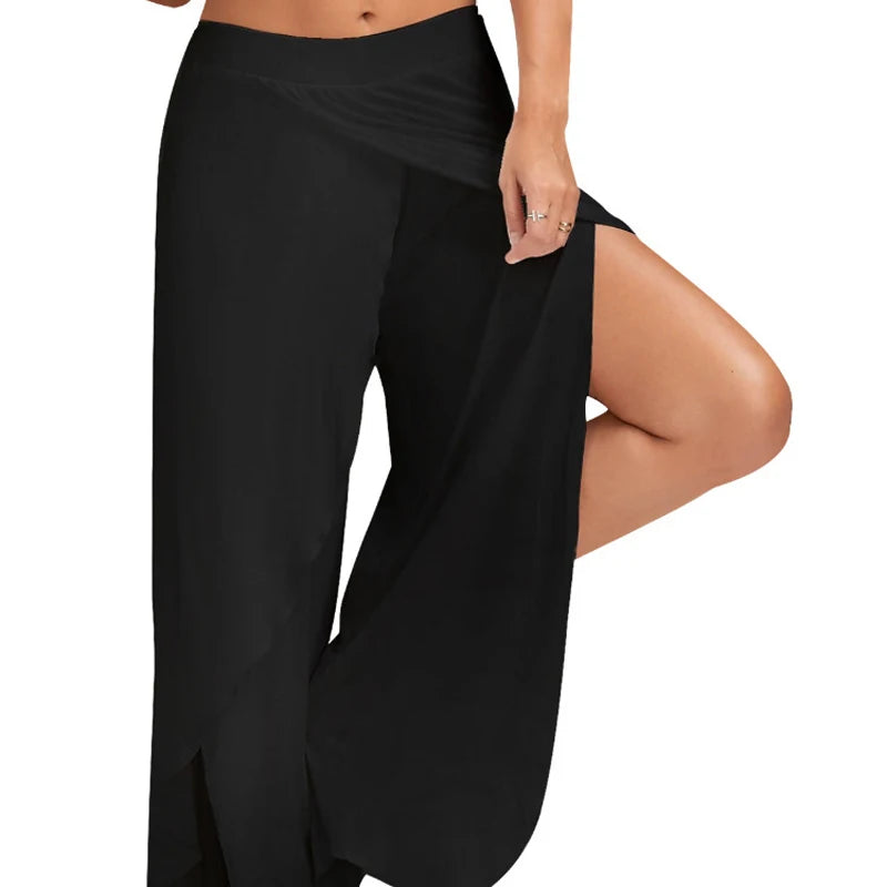 Women Plus Size Wide Leg Pants Loose Fitness Dance Yoga Split Trousers Female Elastic Wasit Casual Workout Solid Summer Clothing