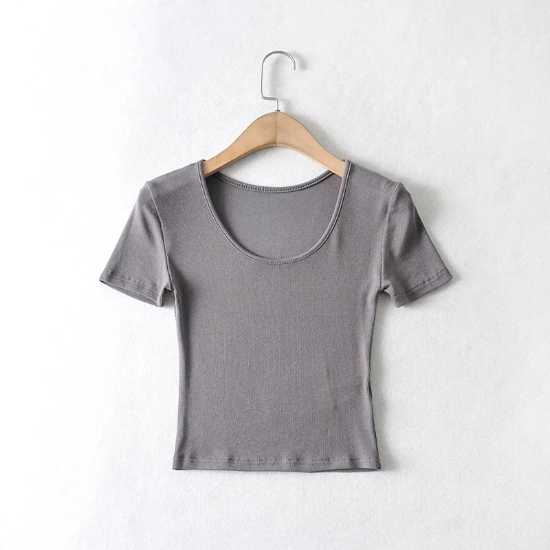 Women's Scoop Neck Slim Fit Ribbed T-Shirt, Short Sleeves Crop Top