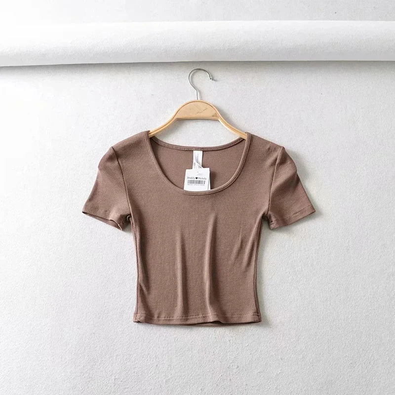 Women's Scoop Neck Slim Fit Ribbed T-Shirt, Short Sleeves Crop Top