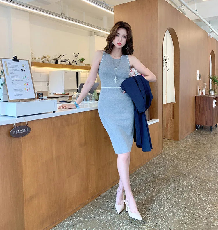 LDYRWQY Korean women's knitted dress, temperament, women's irregular split hip bag Office Lady  Sleeveless  Knee-Length