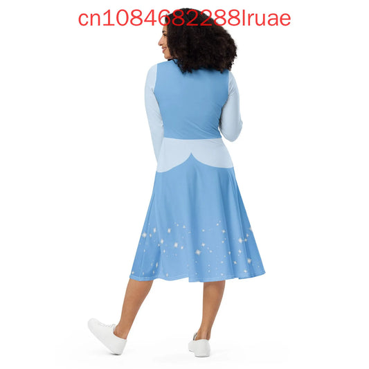 Disney Princess Costume Cinderella Long Sleeve Pocket Skater Dress 3D Print Women Fashion Street Long length dress