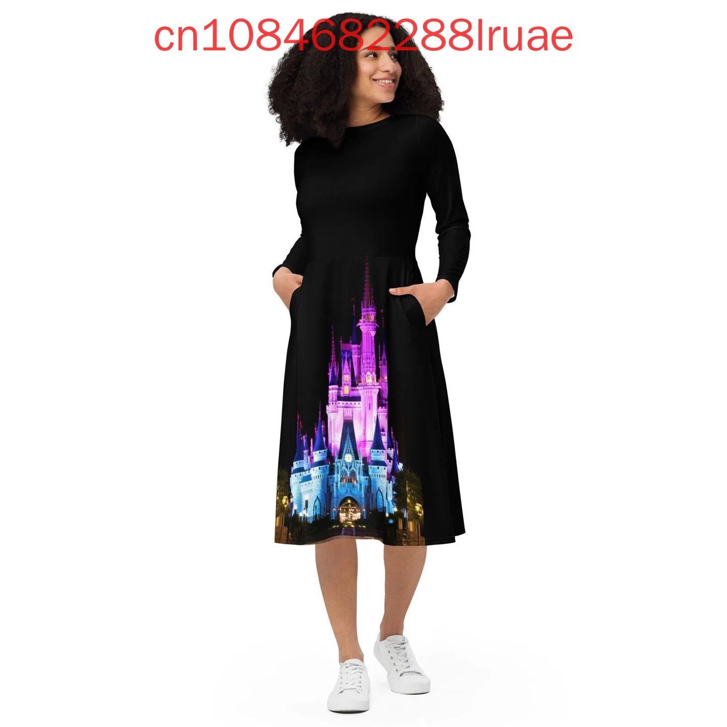 Disney Princess Costume Cinderella Long Sleeve Pocket Skater Dress 3D Print Women Fashion Street Long length dress