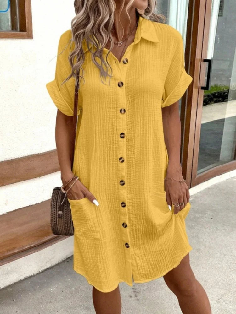 Summer Fashion Turn-down Collar Women Dress Short Sleeve Line Cotton Solid Color Casuall Loose Shirt Dresses