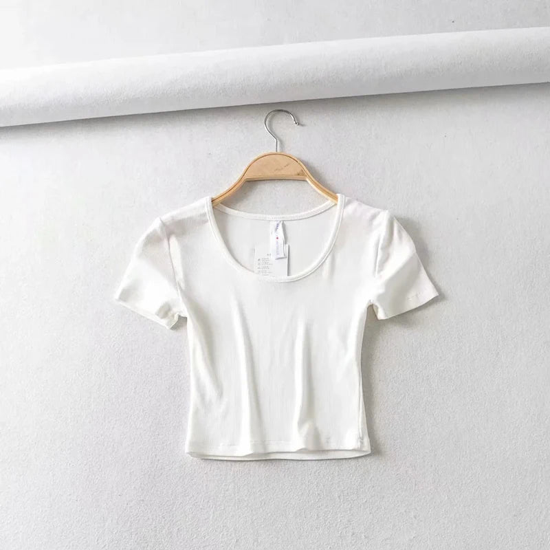 Women's Scoop Neck Slim Fit Ribbed T-Shirt, Short Sleeves Crop Top