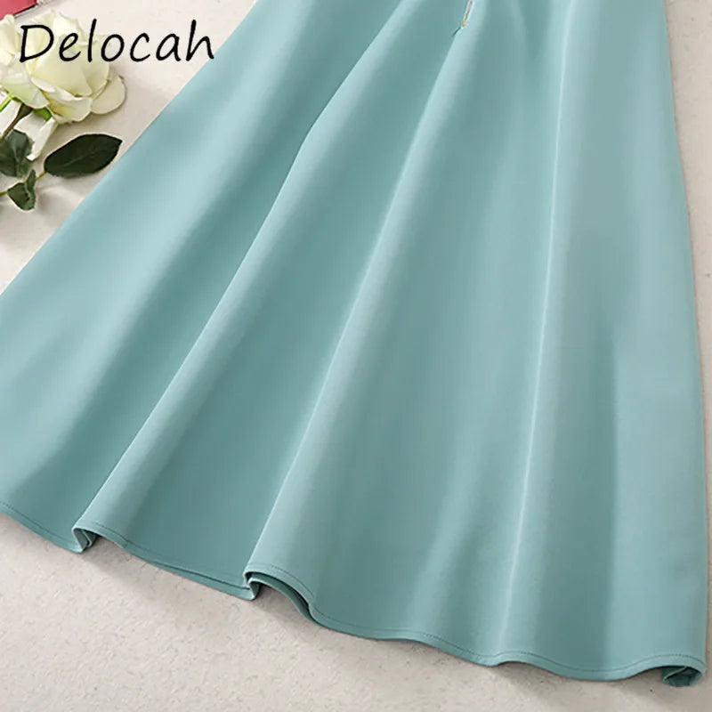 Delocah High-Quality Fashion Women's Gentle Style Round Neck Waist Belt Slim Fit Double Diagonal Bag Short Sleeve A-line Dress