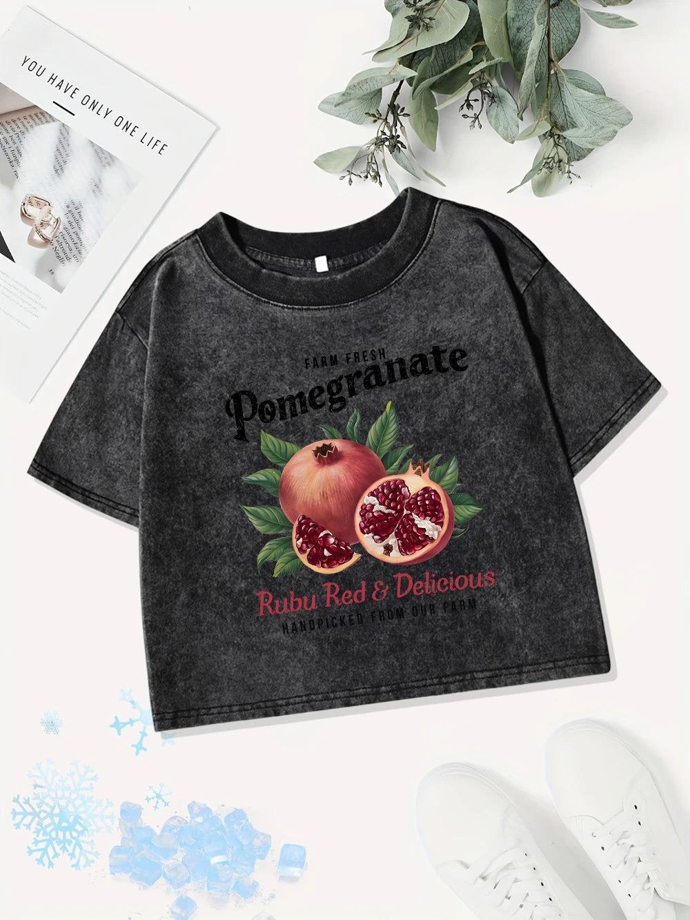 Casual Cotton Crop Tops Women Bright Pomegranate Printing Washed T-Shirts Summer Regular Fit O-Neck Tees Street Womans Clothes