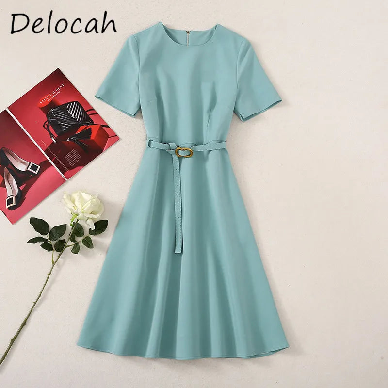 Delocah High-Quality Fashion Women's Gentle Style Round Neck Waist Belt Slim Fit Double Diagonal Bag Short Sleeve A-line Dress