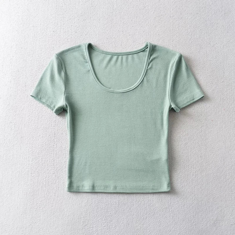 Women's Scoop Neck Slim Fit Ribbed T-Shirt, Short Sleeves Crop Top