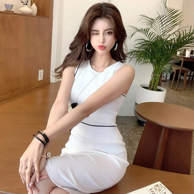 LDYRWQY Korean women's knitted dress, temperament, women's irregular split hip bag Office Lady  Sleeveless  Knee-Length